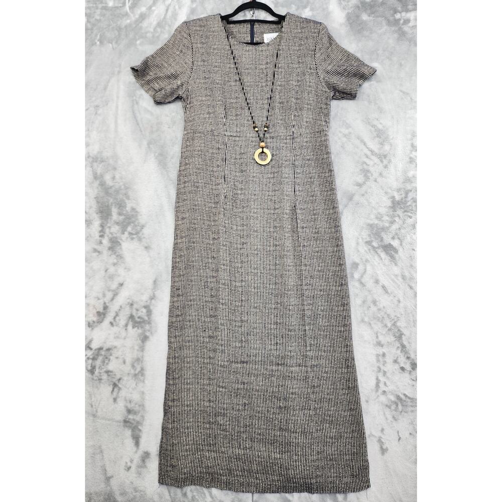 Vintage Just In Thyme Striped Maxi Dress Size 8‎ Blue Beige Wood Bead Necklace